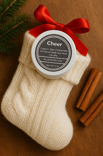 Try Before You Buy: Why a Free 2oz Candle  Is the Smartest Way to Shop - Cheer essential oil candle in knitted stocking.