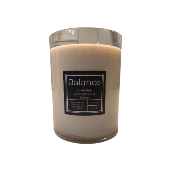 Balance 120oz Eternal Flame Candle featuring lavender, cedarwood, and clove scents for calming atmosphere and wellness.