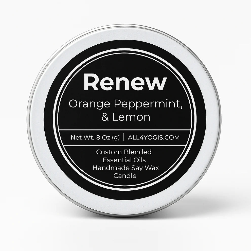Renew 8oz Tin Candle featuring orange, peppermint, and lemon essential oils for soothing wellness and mindfulness rituals.