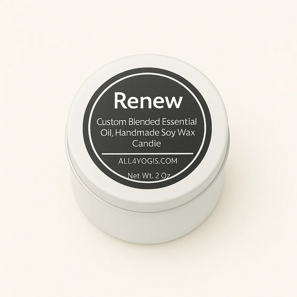Renew 2 oz Tin Candle with custom blended essential oil for wellness and stress relief in handmade soy wax.