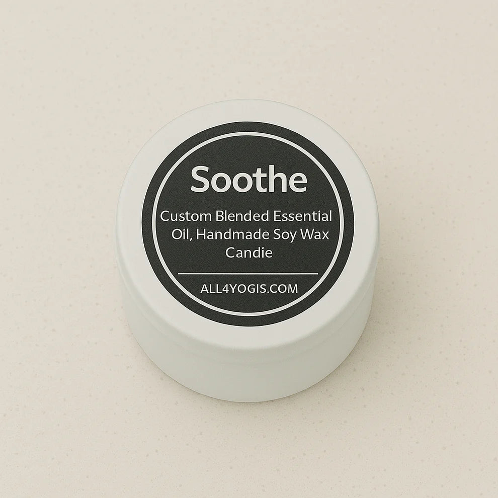 Soothe 2 oz Tin Candle with custom blended essential oils for mindful living and stress relief in eco-friendly packaging.
