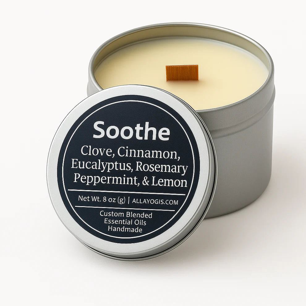 Soothe 8oz Tin Candle with essential oil blend for stress relief, handmade soy wax, uplifting energy and calming atmosphere.