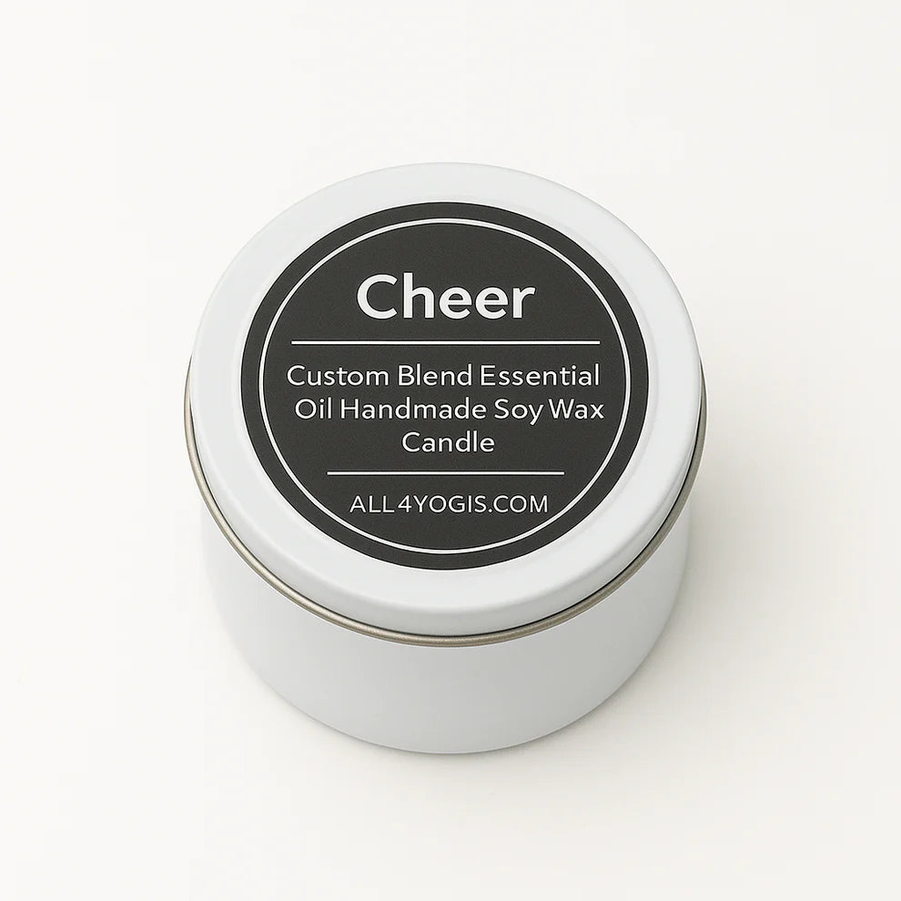 Cheer 2 oz Tin Candle, handcrafted with natural soy wax and essential oils for a calming atmosphere and stress relief.