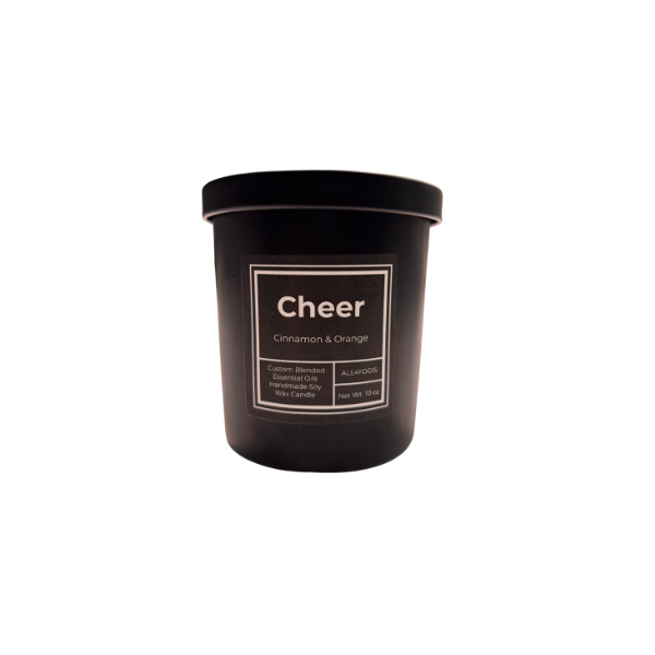 Cheer 10oz Glass Candle with cinnamon and orange essential oils for a calming atmosphere and uplifting energy.