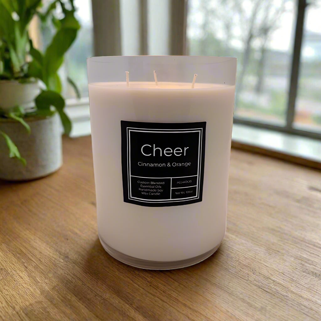 Cheer - Eternal Flame Candle: a natural soy candle with uplifting fragrance, crafted with therapeutic essential oils for joy and relaxation.