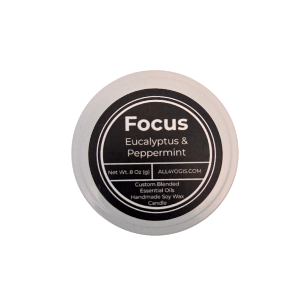 Focus 8oz Tin Candle with eucalyptus and peppermint, handmade soy wax, therapeutic essential oils, and clean ingredients.  
