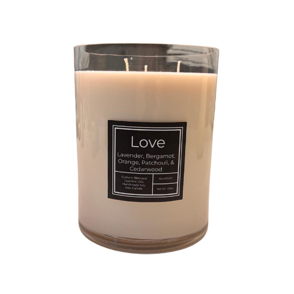 Love candle with lavender, bergamot, orange, and cedarwood, crafted with natural soy for a calming atmosphere.