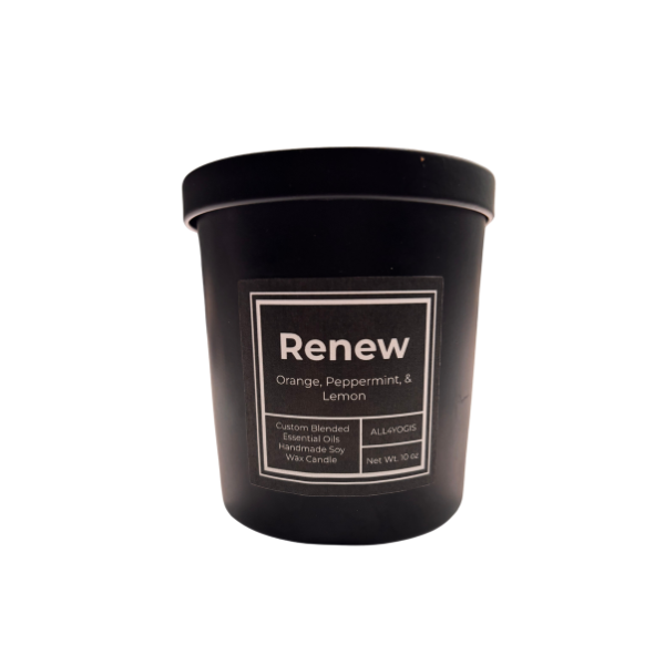 Renew 10oz Glass Candle with orange, peppermint, and lemon essential oils for a calming atmosphere and wellness gifts.