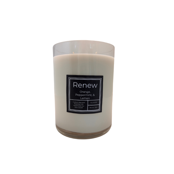 Renew 120oz Eternal Flame Candle, natural soy wax with essential oils for a calming atmosphere and wellness gifts.
