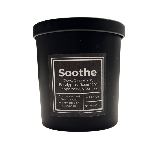 Soothe 10oz Glass Candle with clove, cinnamon, eucalyptus, peppermint, rosemary, lemon; a wellness candle made with natural soy wax.