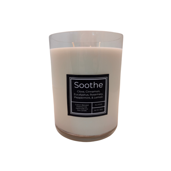 Soothe 120oz Eternal Flame Candle featuring clove, cinnamon, eucalyptus, rosemary, peppermint, and lemon for wellness.
