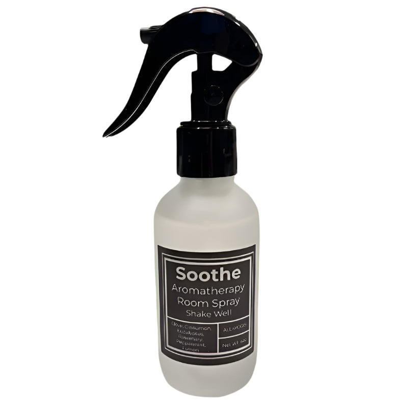 Soothe Room Spray bottle with essential oils for calming atmosphere and wellness rituals, crafted with purpose for self care.